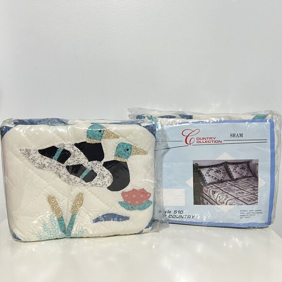 2 Vintage Primitive Quilted Mallard Duck Standard Pillow Shams New Pond Water - Picture 1 of 8
